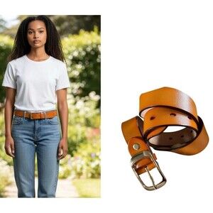 Vintage Italian Women’s Cognac Brown Leather Belt 105CM/36 Gold Hardware